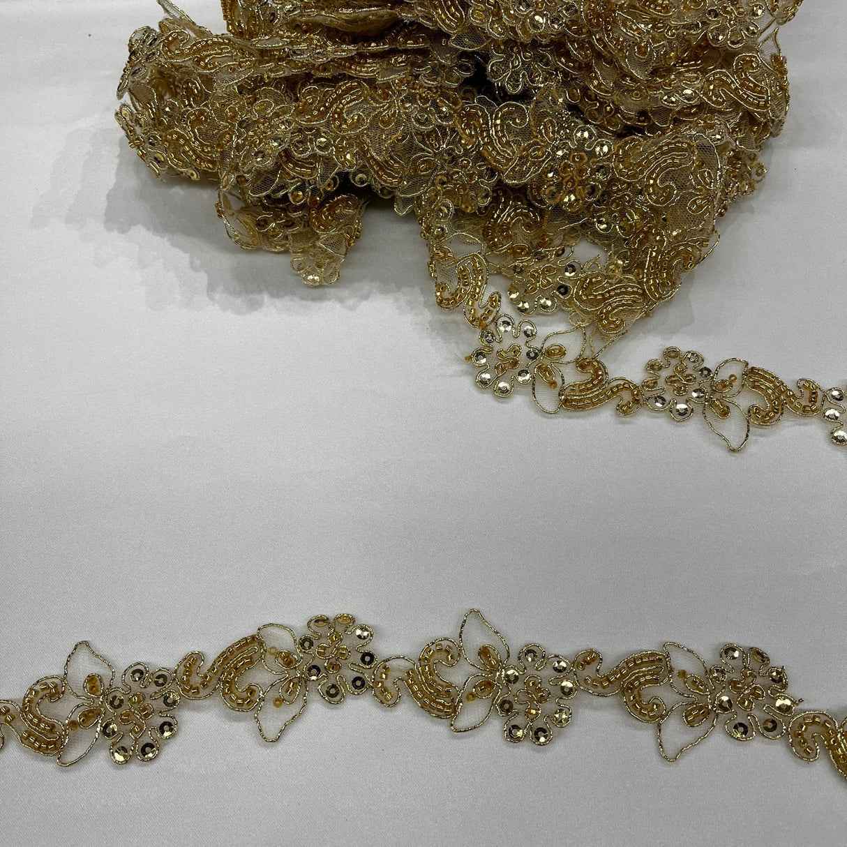 1 Yard Luxury Beaded and Corded Lace Trimming Embroidered on Fine Polyester Organza for Dresses 2 Inch Width