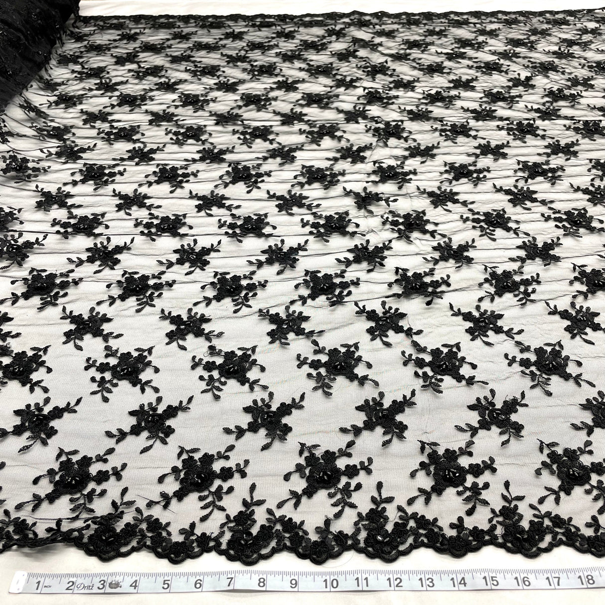 1 Yard Black Beaded & Corded Bridal Lace Fabric Embroidered on Polyester Net Mesh 52 Inch Width