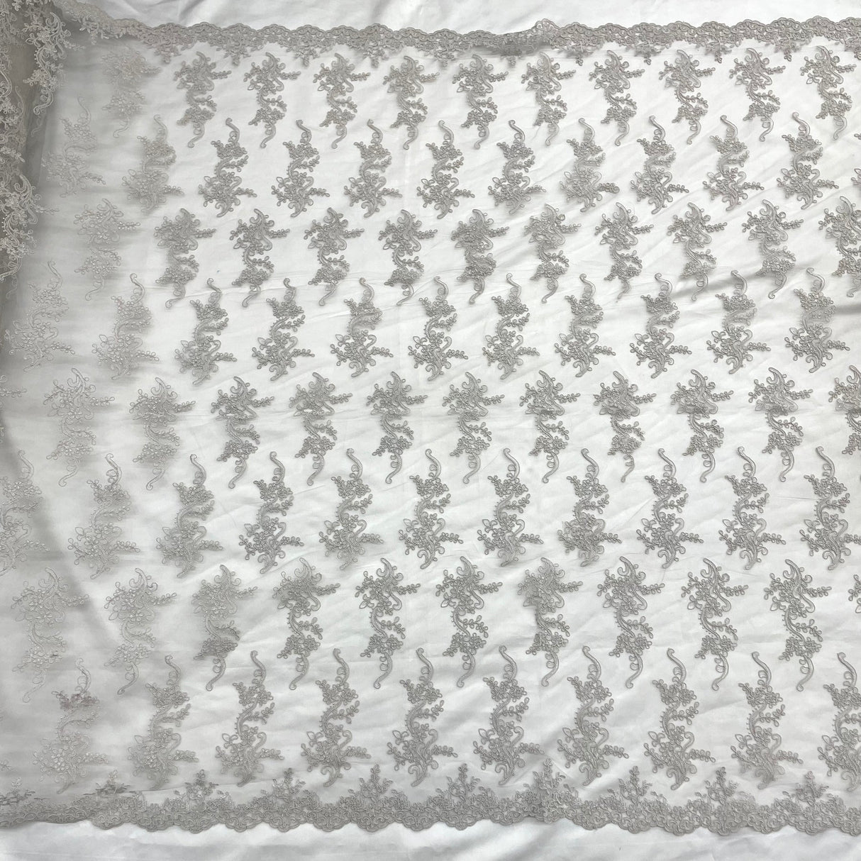 1 Yard Ivory with Silver Corded Bridal Lace Fabric Embroidered Polyester Net Mesh 54 Inch Width