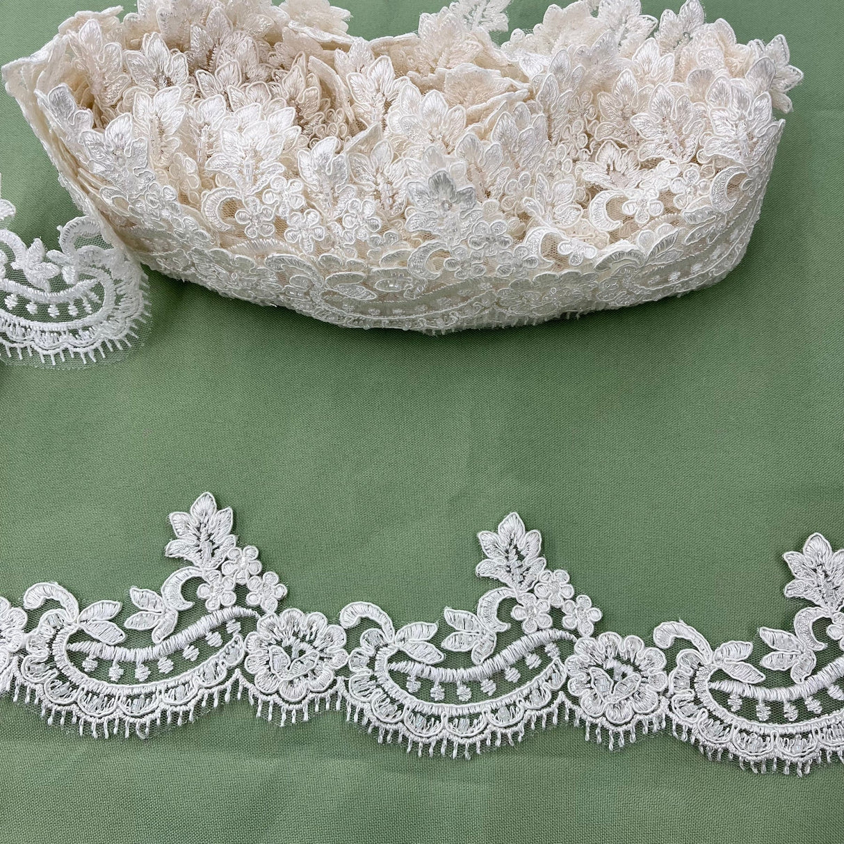 1 Yard Beaded & Corded Lace Trimming on Net Mesh – 3" Wide | Embroidered Decorative Lace for Dresses & Costumes