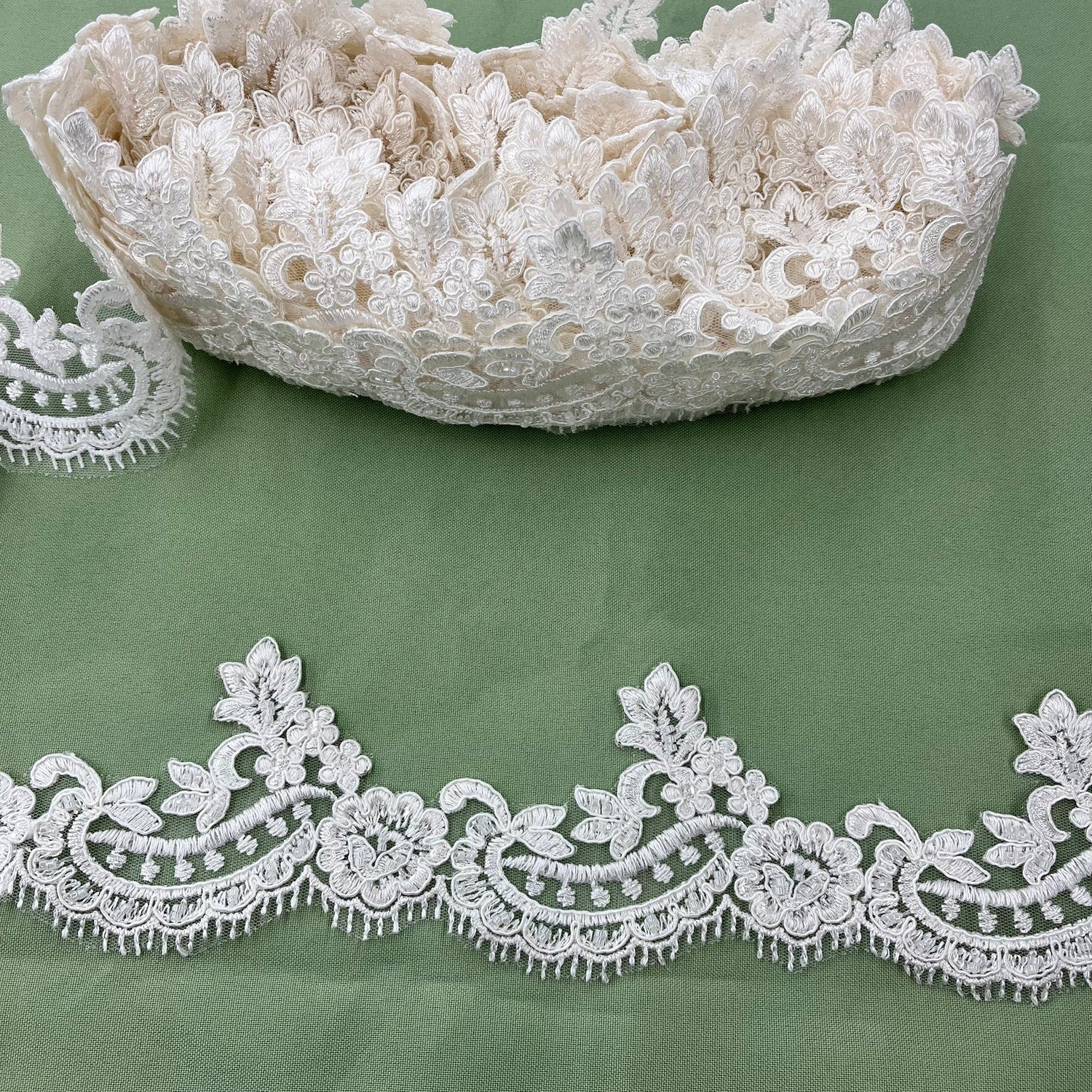 1 Yard Beaded & Corded Lace Trimming on Net Mesh – 3" Wide | Embroidered Decorative Lace for Dresses & Costumes