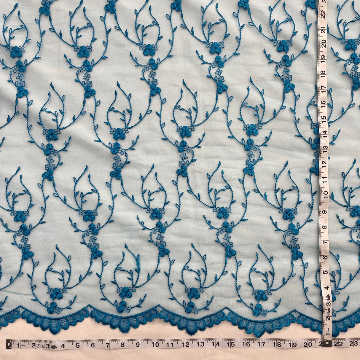 1 Yard Turquoise Lace Fabric Embroidered on Polyester Net Mesh Elegant 52 Inch Width