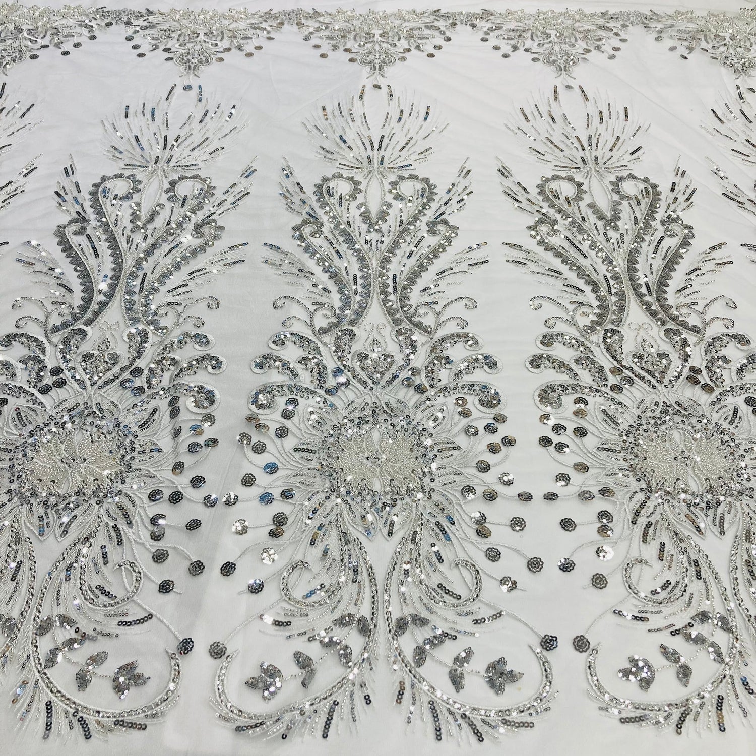 1 Yard Silver Beaded Lace Fabric Embroidered on Polyester Net Mesh 52 Inch Width