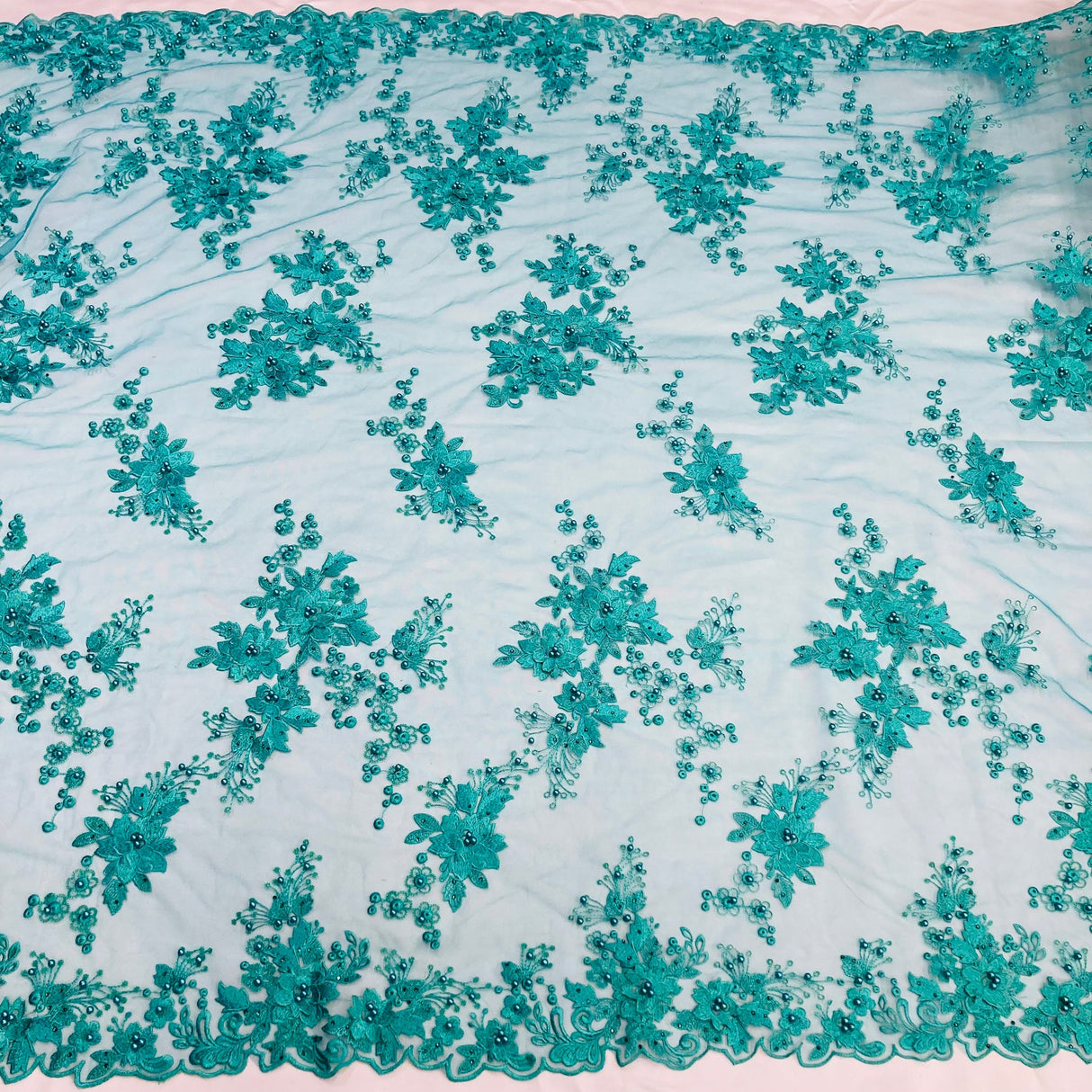 1 Yard Beaded Rhinestone 3D Floral Lace Fabric Embroidered Mesh Gown 52" Width