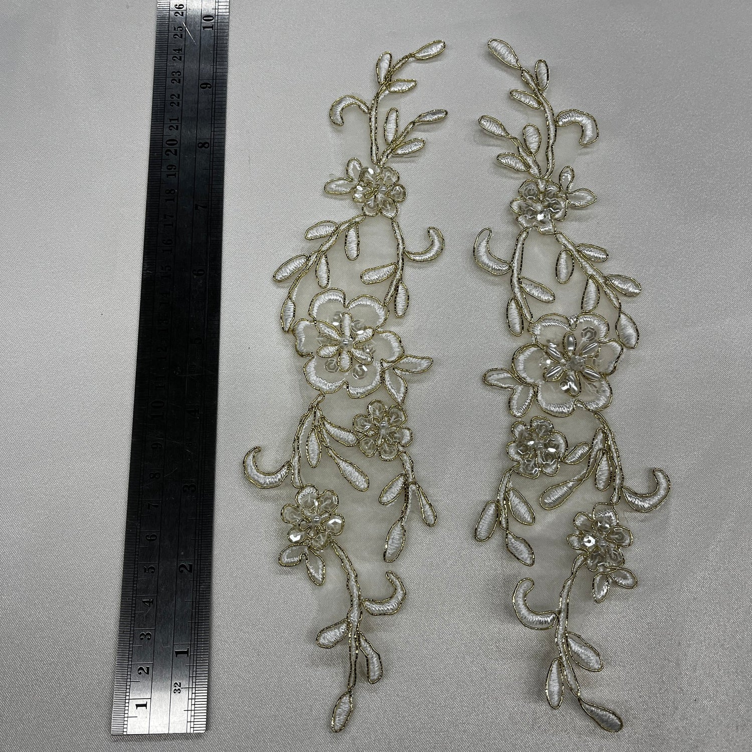 1 Pair Beaded & Corded Lace Applique Embroidered on 100% Polyester Organza 10" x 2" Each Side