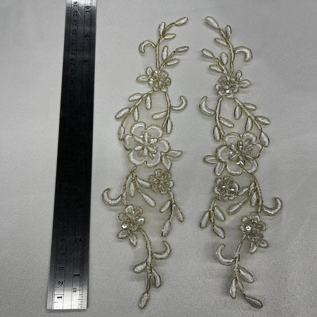 1 Pair Beaded & Corded Lace Applique Embroidered on 100% Polyester Organza 10" x 2" Each Side