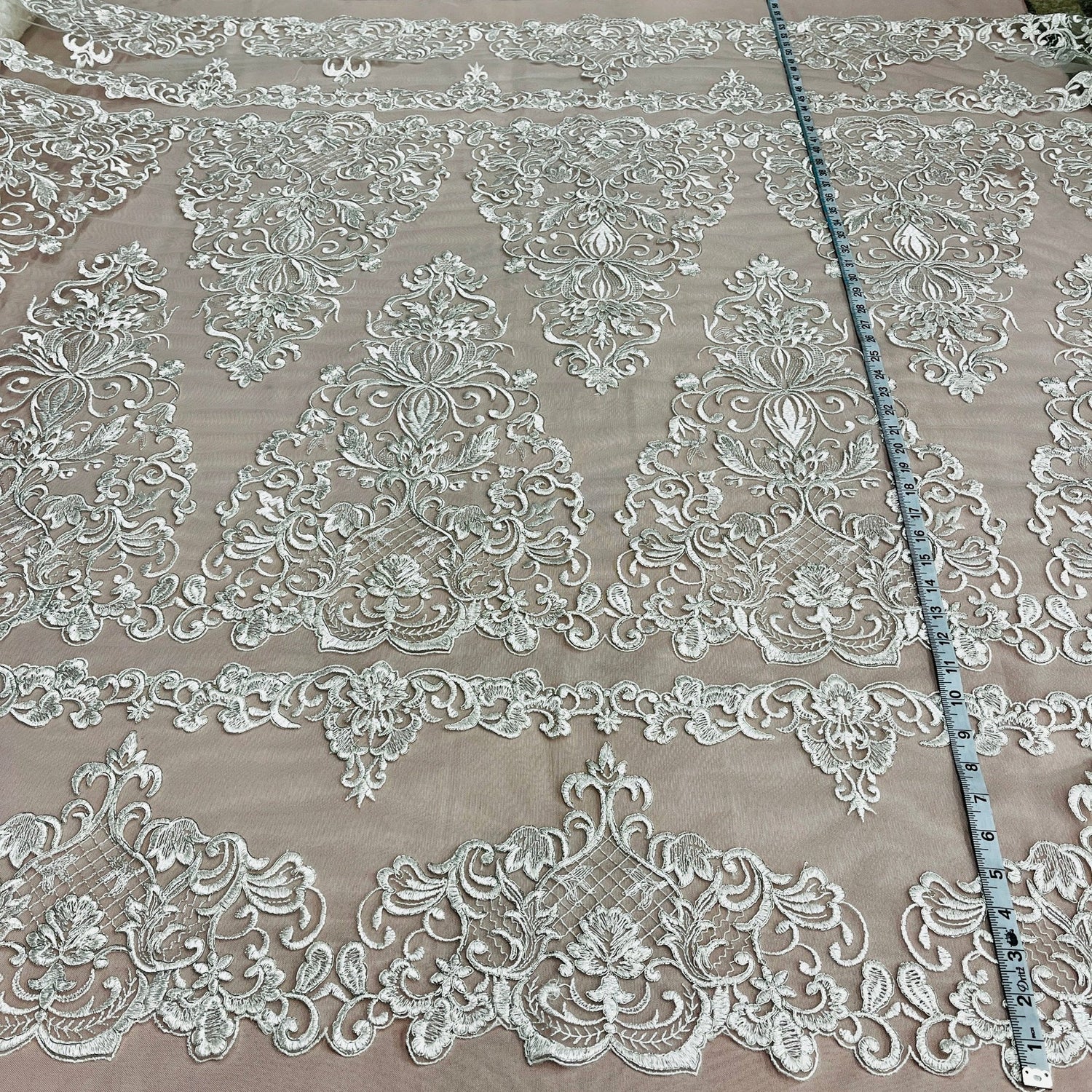 1 Yard Elegant Corded Bridal Lace Fabric Embroidered on Premium Polyester Mesh 53