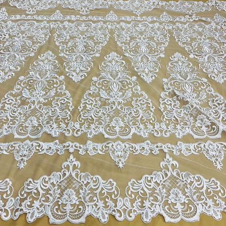 1 Yard Elegant Corded Bridal Lace Fabric Embroidered on Premium Polyester Mesh 53