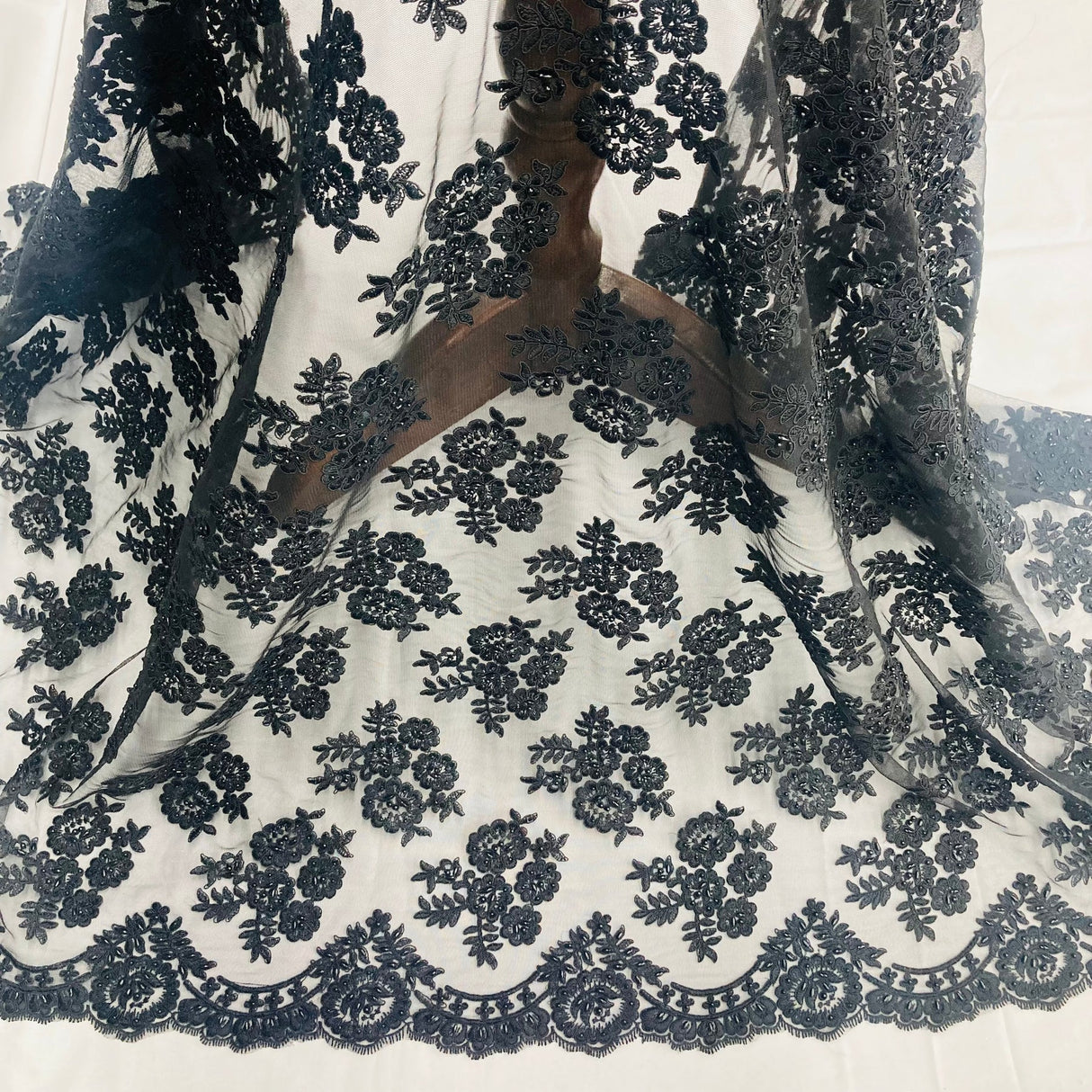 1 Yard Black Beaded Corded Bridal Lace Fabric Embroidered on Polyester Net Mesh 48 inch Width