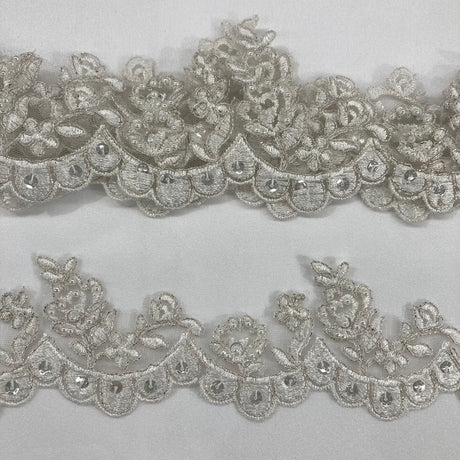 1 Yard Delicate Beaded and Corded Floral Lace Trim Embroidered on Soft Polyester Mesh for Dresses 2 Inch Width