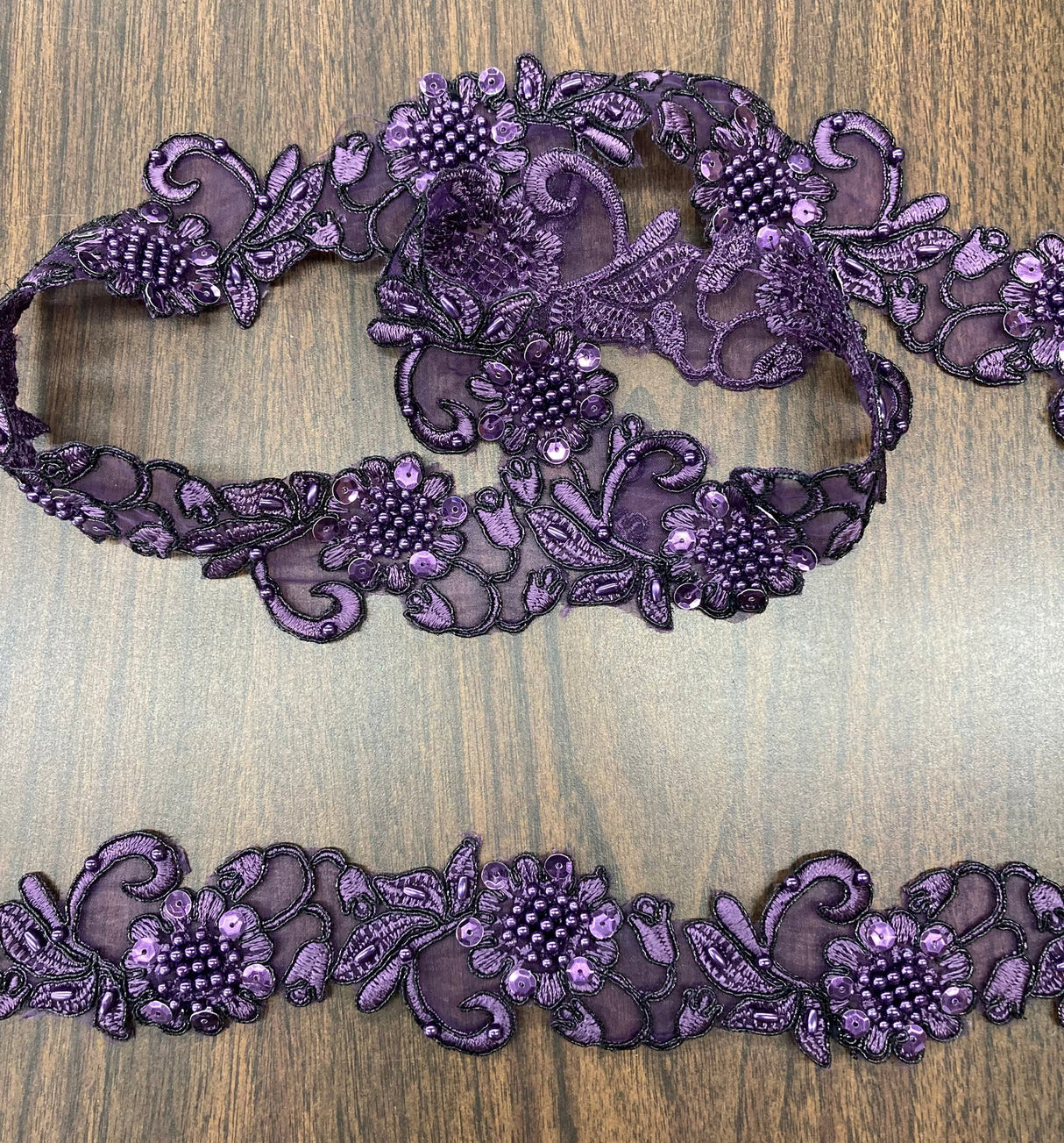 1 Yard Handmade Beaded & Corded Lace Trimming Embroidered on Polyester Organza 2 Inch Width