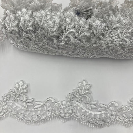 1 Yard Corded Lace Trimming on Net Mesh – 3" Wide | Handmade Embroidered Trim for Dresses & Gowns