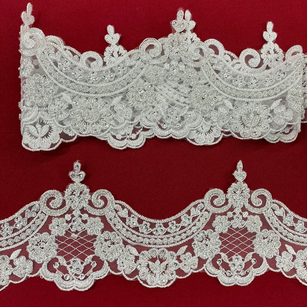 1 Yard  5″ Wide Beaded & Corded Lace Trimming Embroidered on 100% Polyester Net Mesh