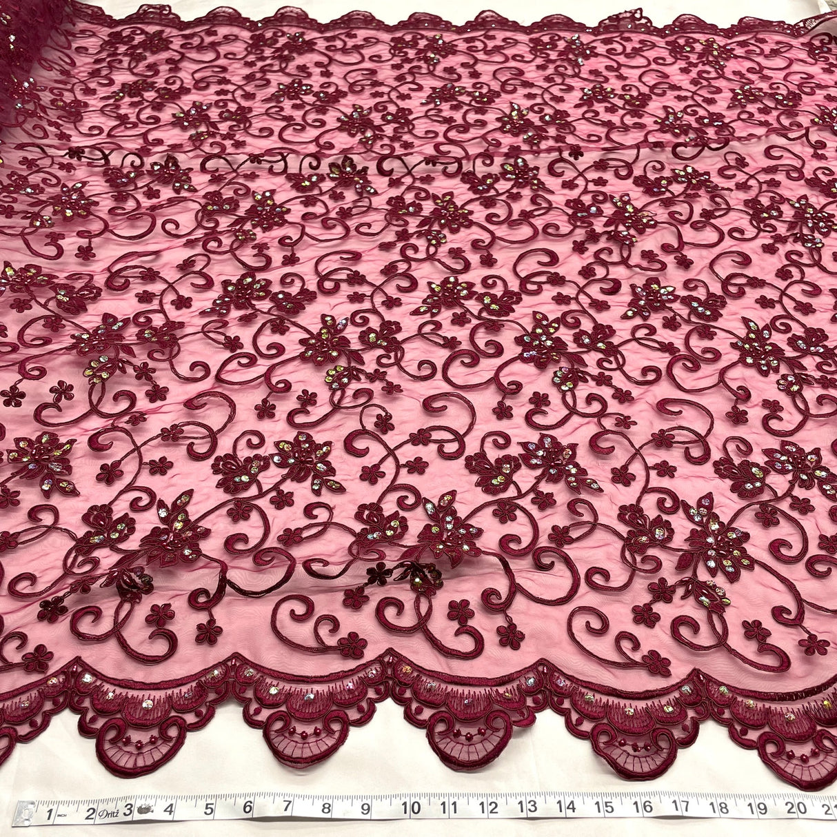 1 Yard Wine Beaded & Corded Bridal Lace Fabric Embroidered on Polyester Organza 54 Inch Width