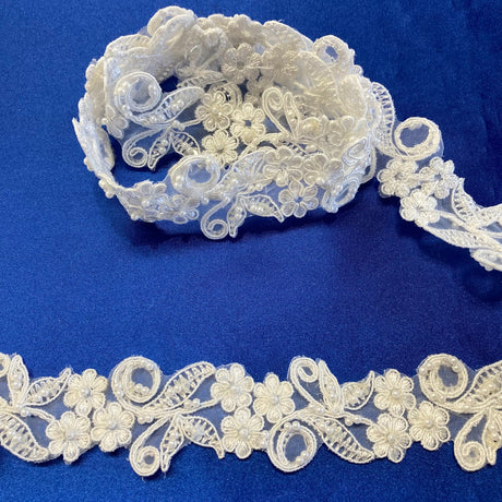1 Yard Exquisite Beaded & Corded Lace Trimming Embroidered on 100% Polyester Organza for Bridal and Evening Dresses 1.5 Inch Width