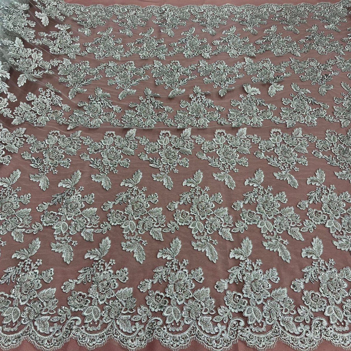 1 Yard Beaded & Corded Embroidered Bridal Lace Fabric, 100% Polyester Net Mesh, 52-54 inch Wide,