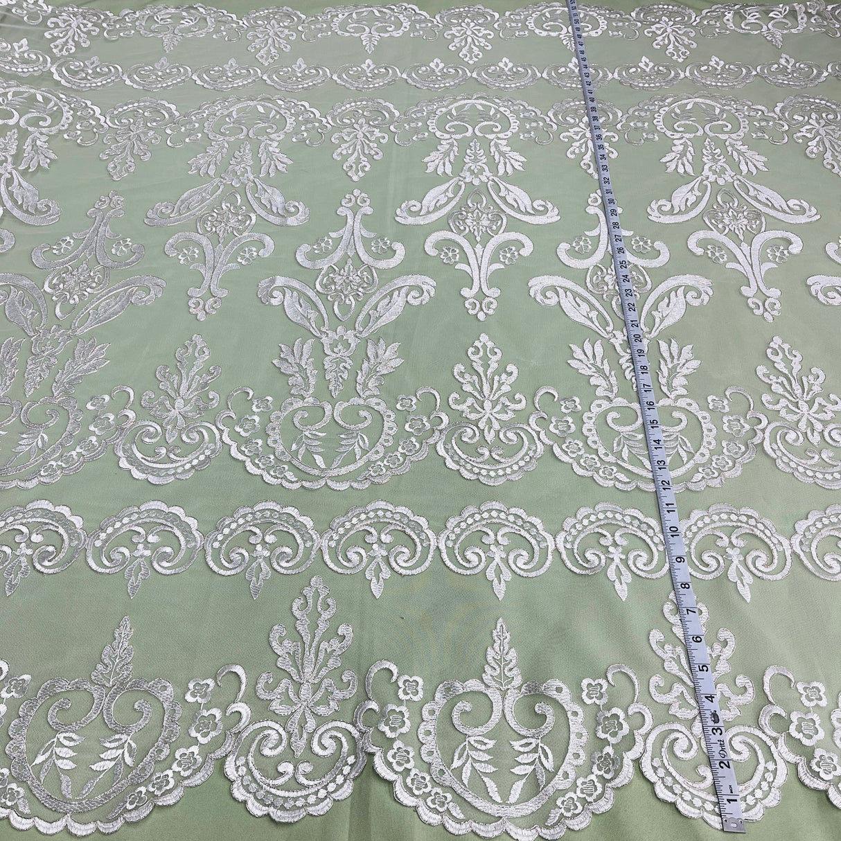 1 Yard Ivory with Silver Corded Bridal Lace Fabric Embroidered on Polyester Net Mesh 51 inch Width