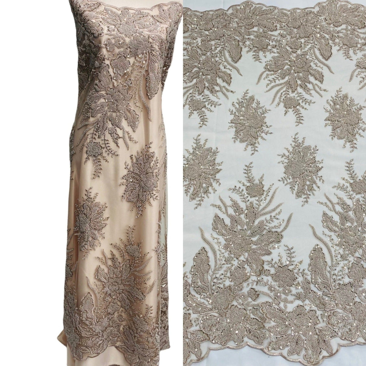 1 Yard Beaded Lace Fabric Embroidered on Polyester Net Mesh, Blush, 48" Width,