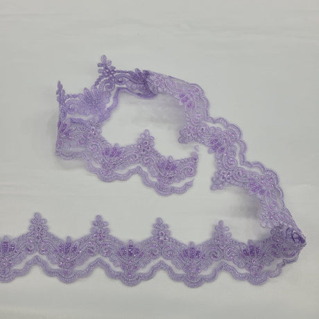 1 Yard Luxurious Beaded & Corded Lace Trimming Embroidered on 100% Polyester Net Mesh for Special Occasion Dresses 3 Inch Width