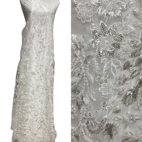 1 Yard Breathtaking White Beaded Sequined Lace Fabric on Net Mesh 54 inch Width