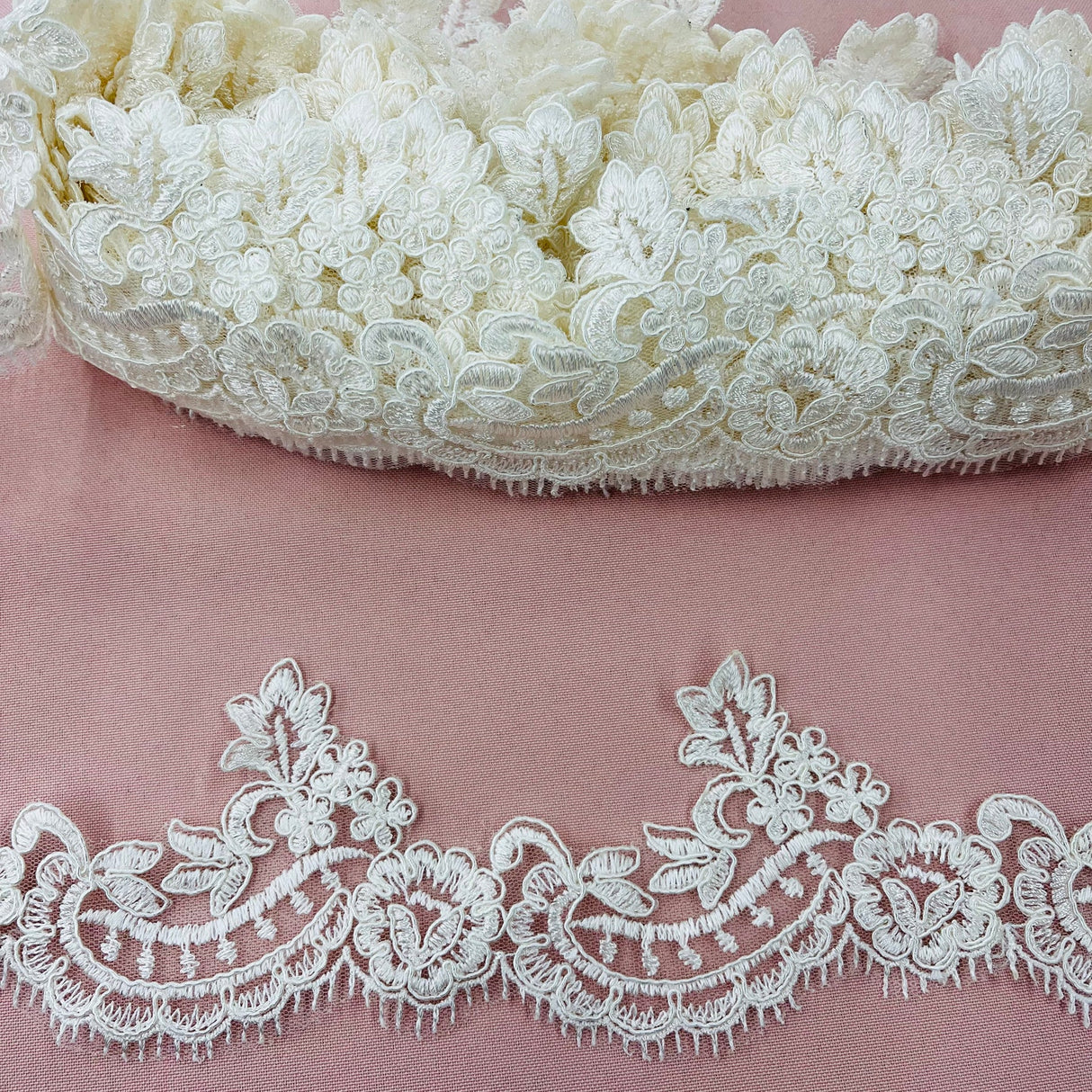 1 Yard Corded Lace Trimming on Net Mesh – 3" Wide | Handmade Embroidered Trim for Dresses & Gowns