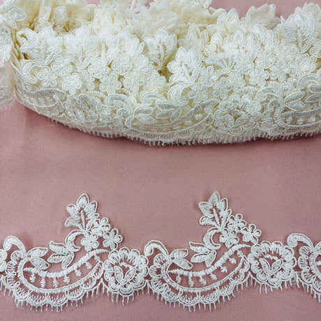 1 Yard Corded Lace Trimming on Net Mesh – 3" Wide | Handmade Embroidered Trim for Dresses & Gowns