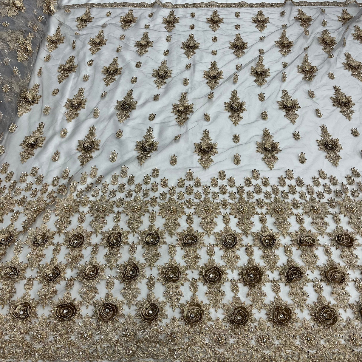 1 Yard Exquisite "Skin" Beaded 3D Floral Lace Fabric on Net Mesh 54 inch Width