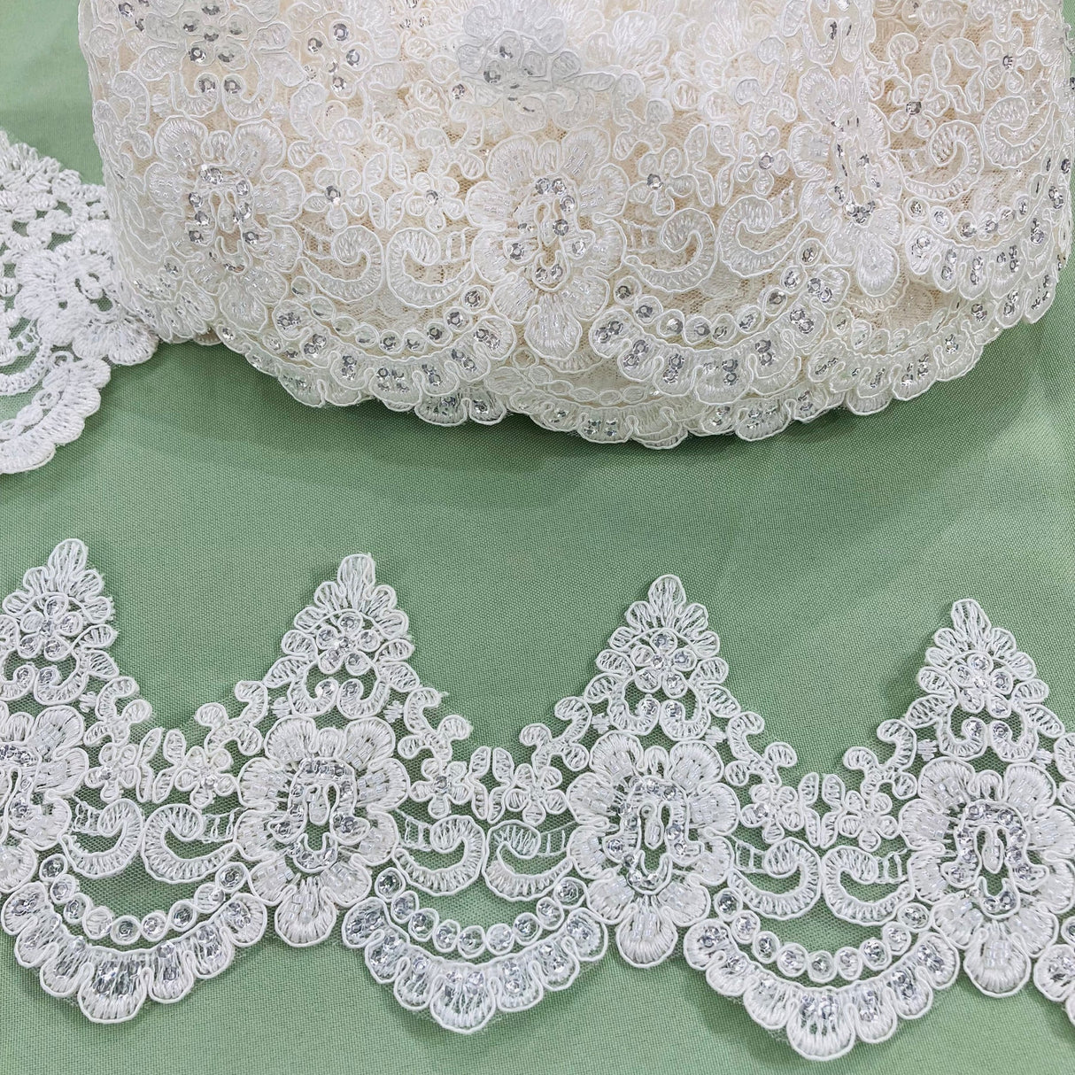 1 Yard Elegant Beaded & Corded Lace Trimming Embroidered on 100% Polyester Net Mesh for Bridal Dresses 4.5 Inch Width
