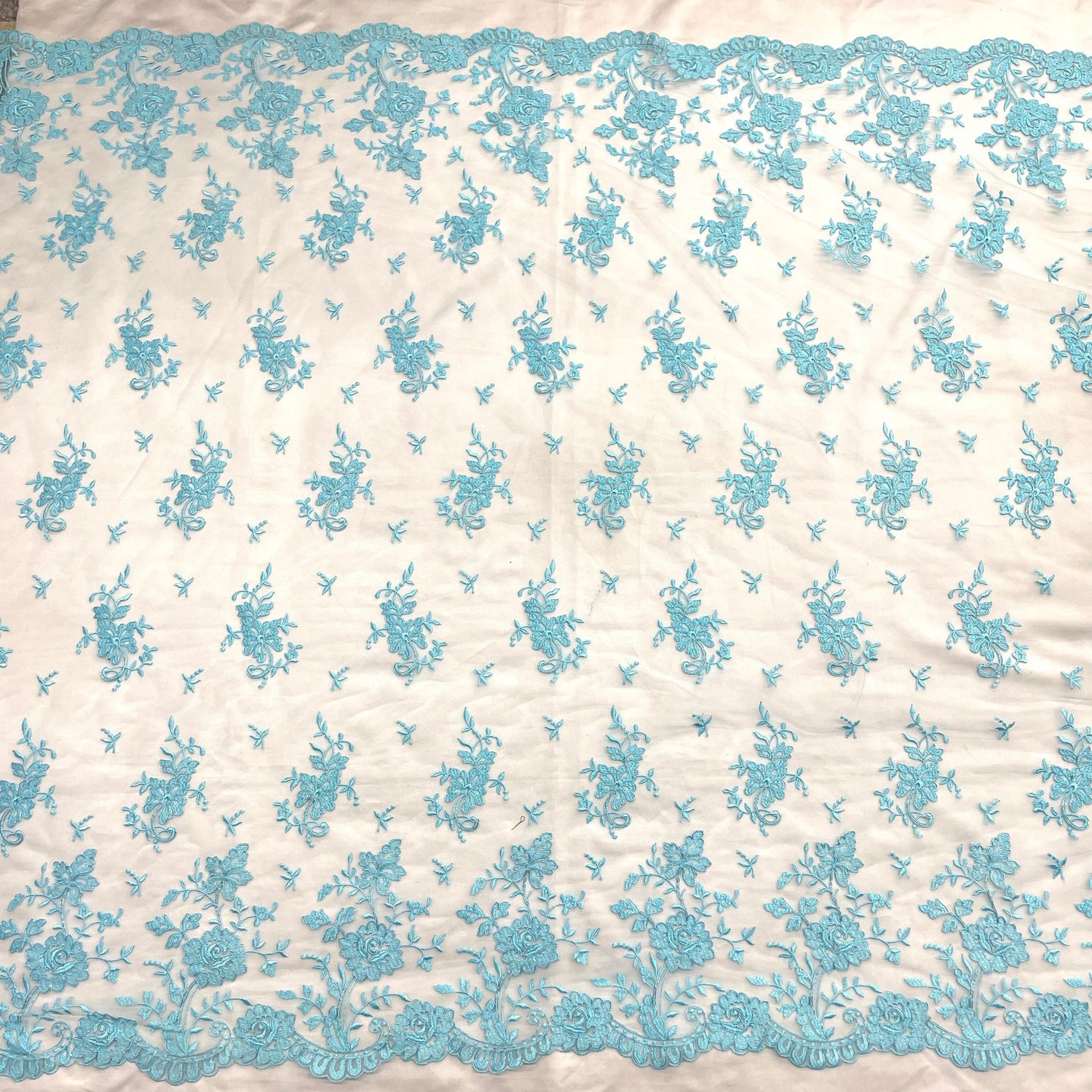 1 Yard Turquoise Corded Bridal Lace Fabric Embroidered Polyester Net Mesh 54 Inch Width