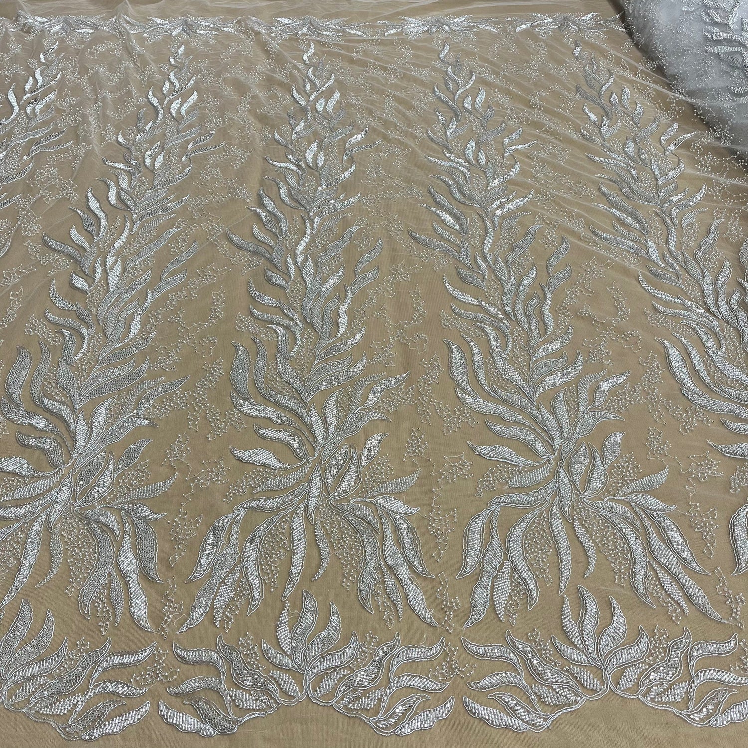 1 Yard Beaded and Corded Bridal Lace Fabric Embroidered on Polyester Net Mesh 58 inch Width