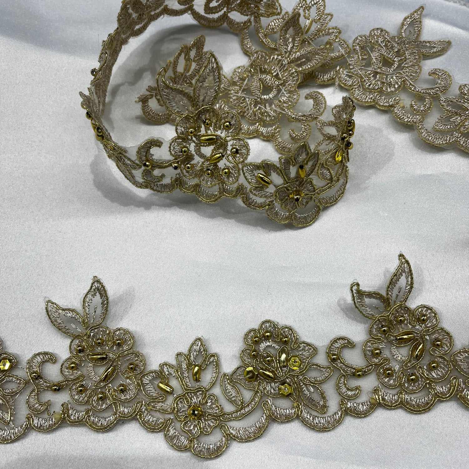 1 Yard Beaded & Corded Lace Trimming on Organza – 2" Wide | Embroidered Trim for Dresses & Costumes