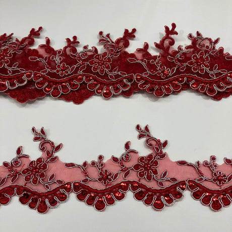 1 Yard Exquisite Beaded Corded Lace Trimming on Organza Net Mesh 3.25 Inch Width