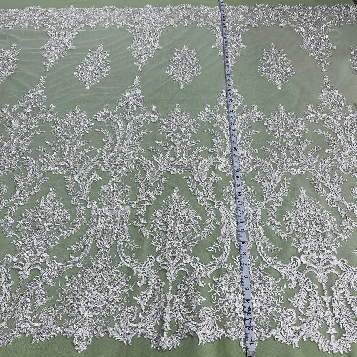 1 Yard Corded Bridal Lace Fabric Embroidered on Premium Polyester Mesh 52