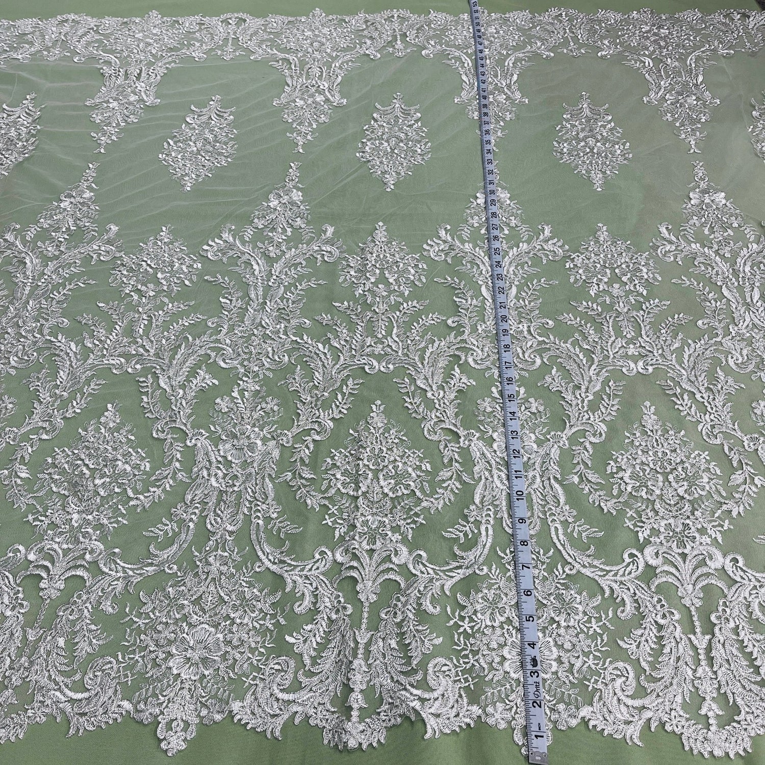 1 Yard Corded Bridal Lace Fabric Embroidered on Premium Polyester Mesh 52