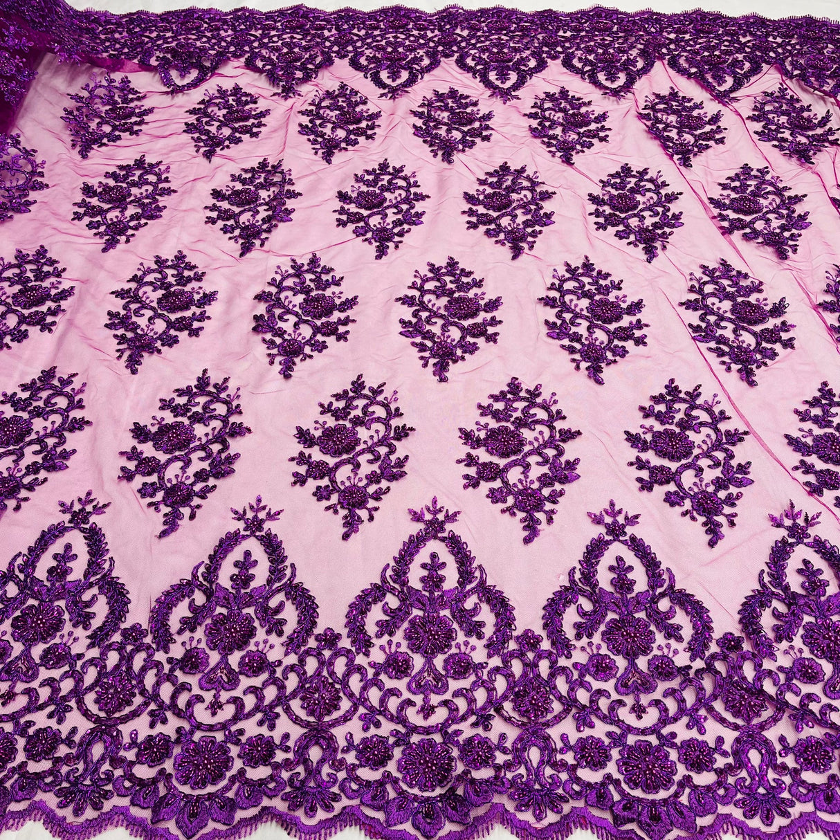 1 Yard Exquisite Royal Blue Corded Beaded Bridal Lace Fabric 53 inch Width