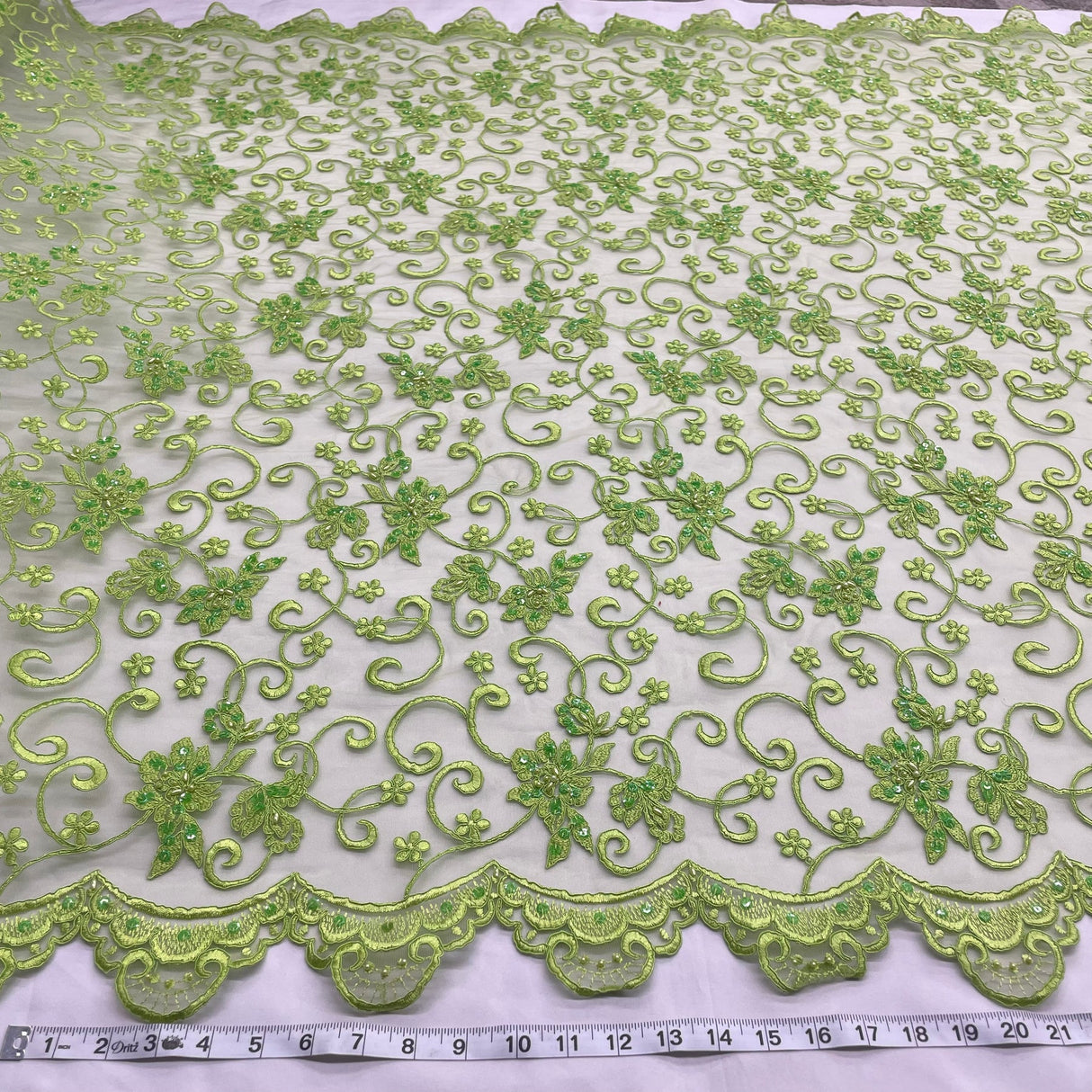 1 Yard Lime Green Beaded & Corded Bridal Lace Fabric Embroidered on Polyester Net Mesh 54 Inch Width