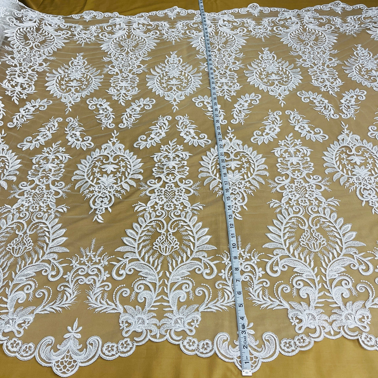 1 Yard Elegant Corded Bridal Lace Fabric Embroidered on Polyester Net Mesh 52" Width