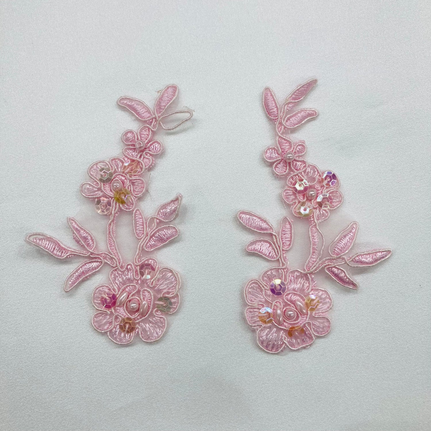 1 Pair Beaded & Corded Floral Lace Applique 4" x 2" Each Side