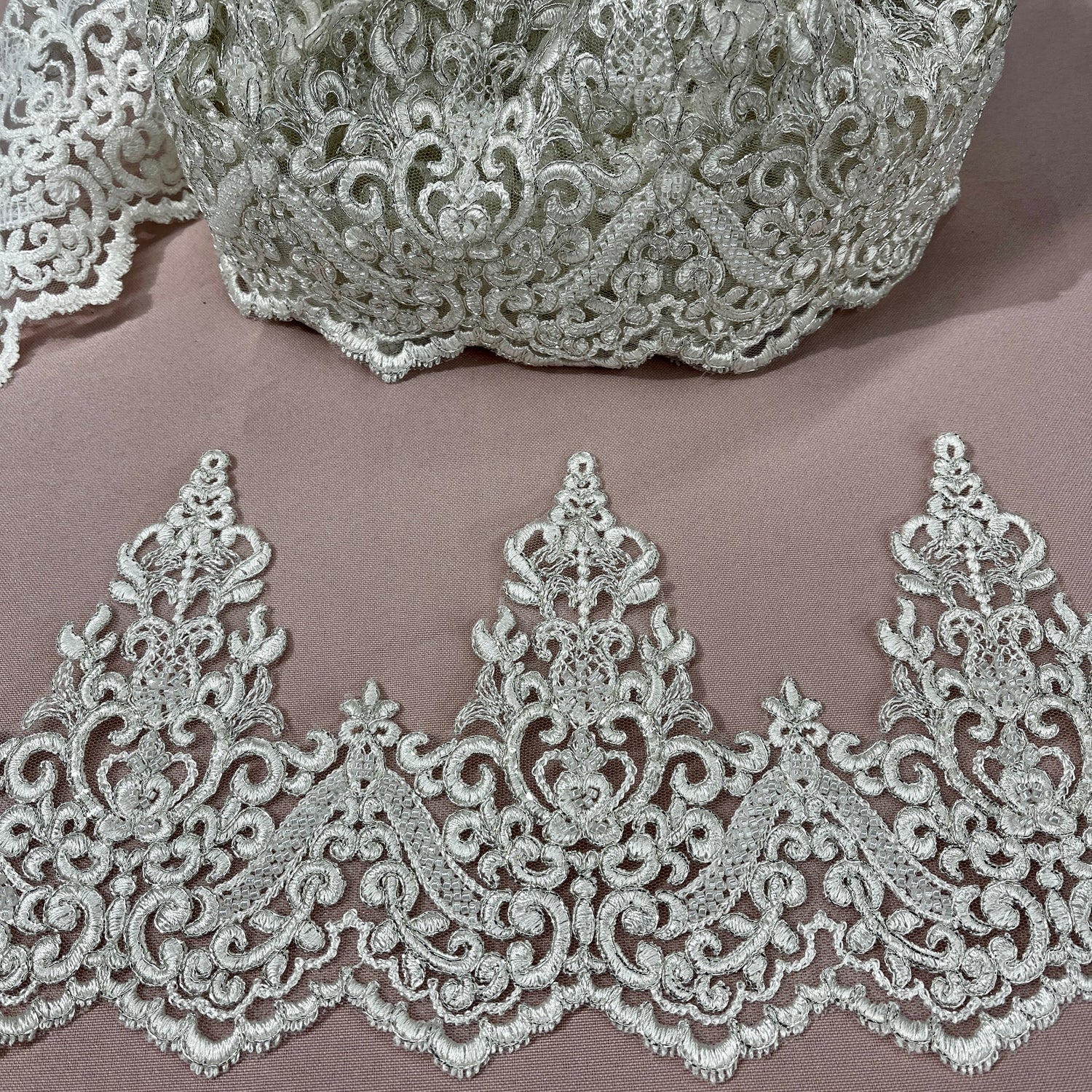 1 Yard  Embroidered on 100% Polyester Organza 6″ Wide Beaded & Corded Lace Trimming