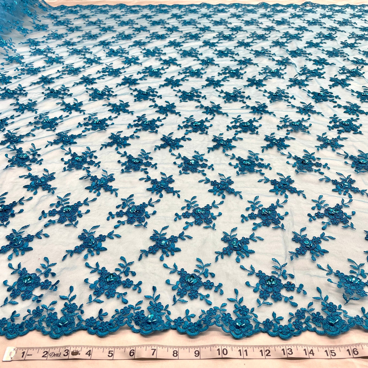 1 Yard Black Beaded & Corded Bridal Lace Fabric Embroidered on Polyester Net Mesh 52 Inch Width