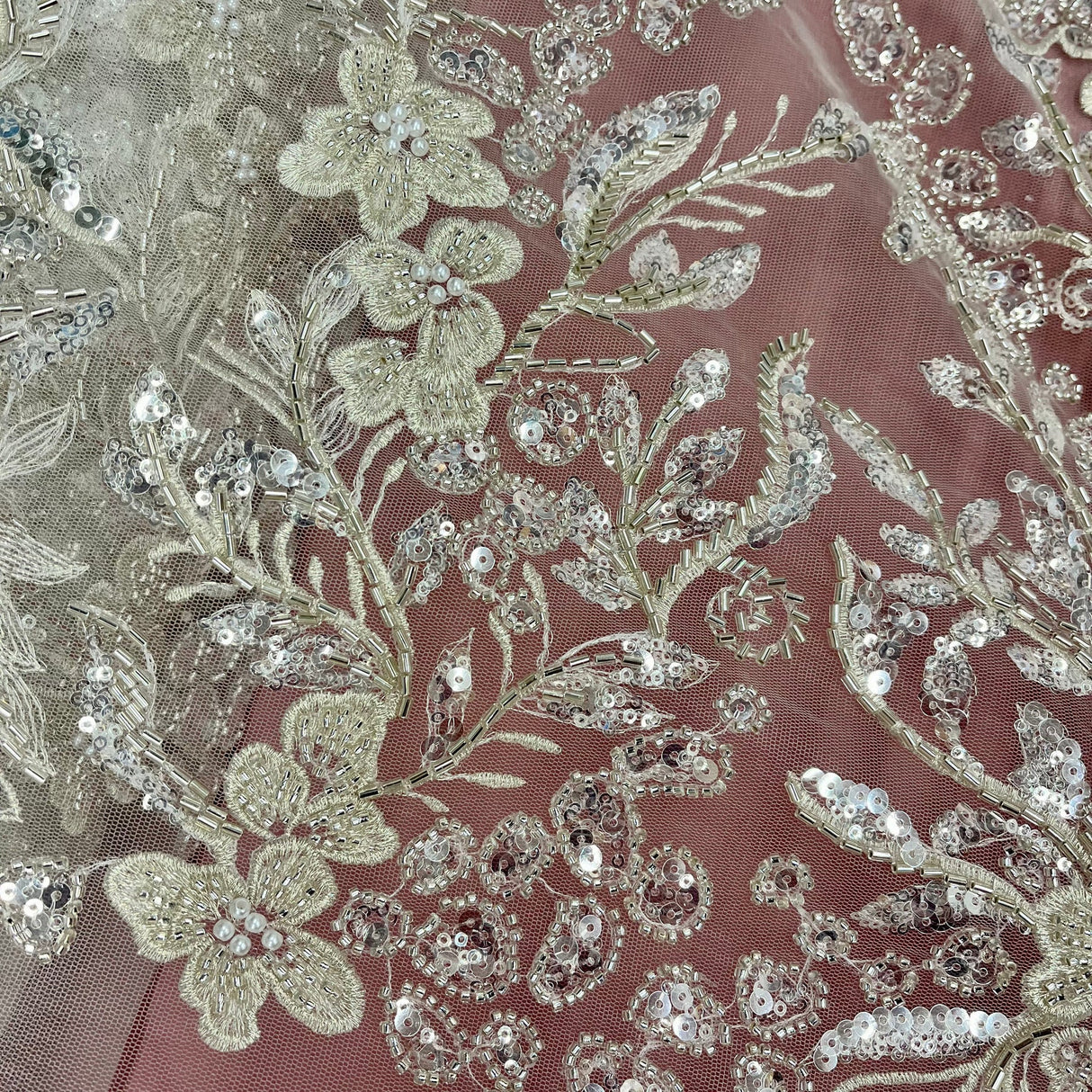 1 Yard Luxurious Beaded Lace Fabric Embroidered on Polyester Net Mesh Elegant Bridal & Special Occasion Couture 54" Wide