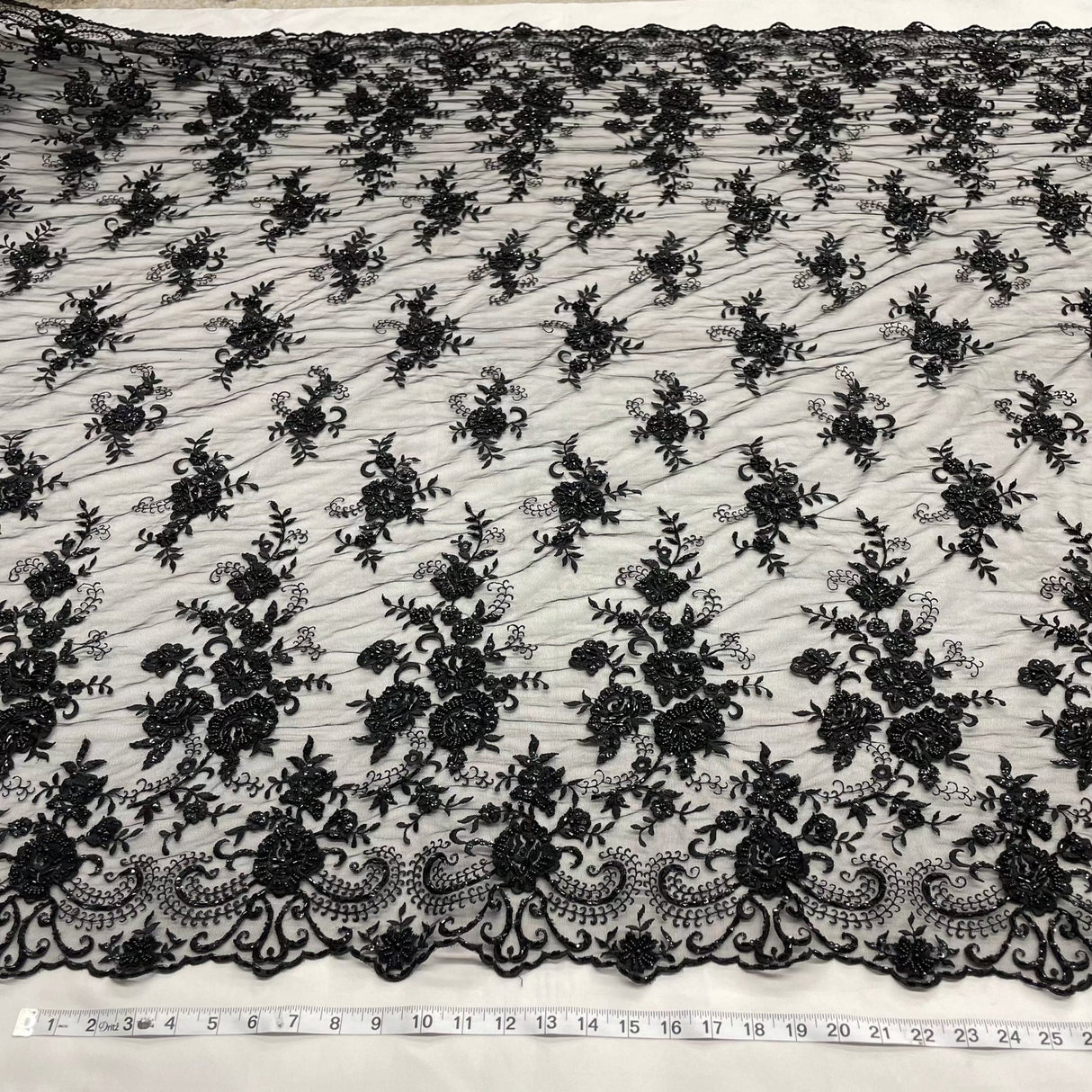 1 Yard Glamorous Black Beaded Sequined Lace Fabric on Polyester Net Mesh 52 inch Width