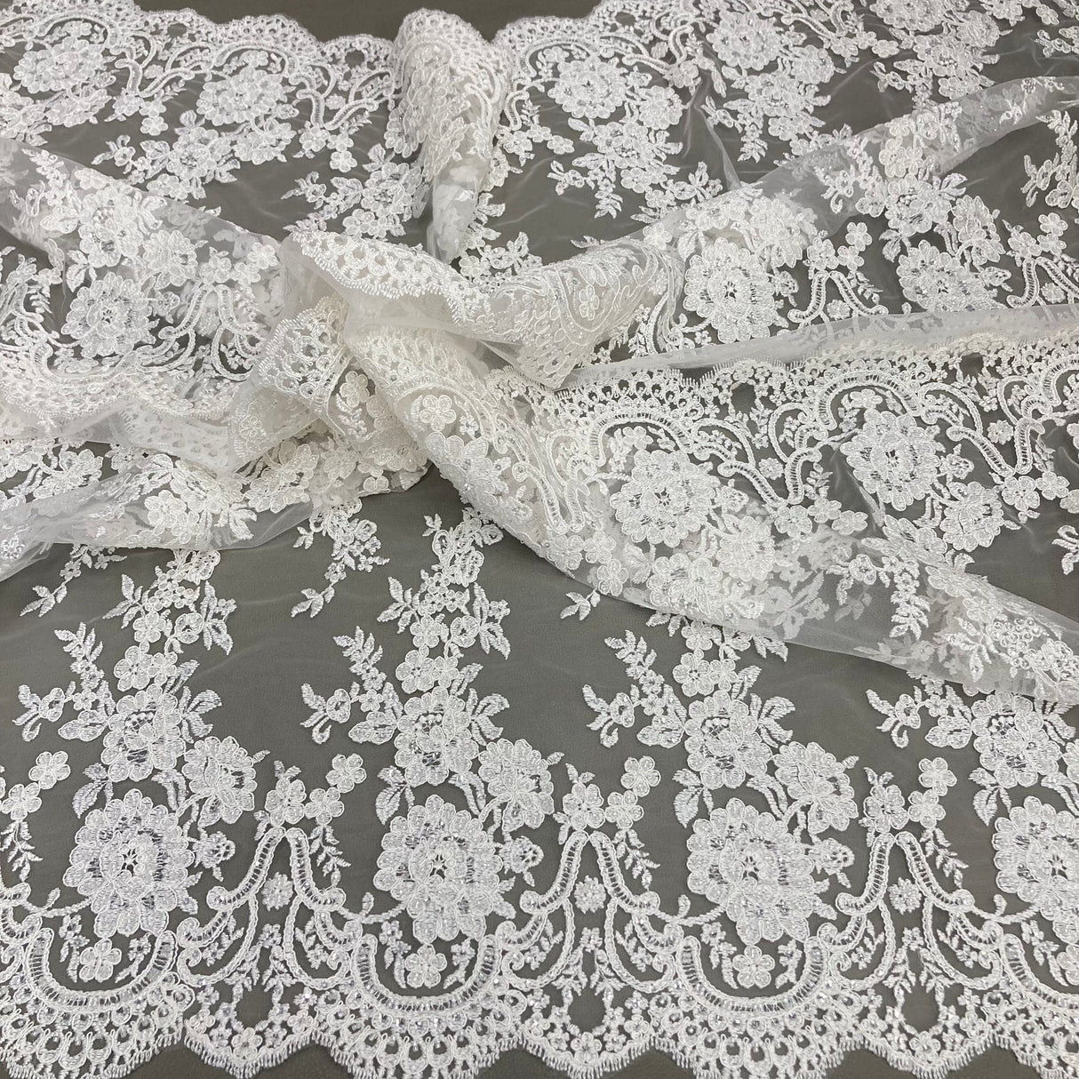1 Yard Opulent Beaded Corded Bridal Lace Fabric Embroidered on Premium Mesh 48
