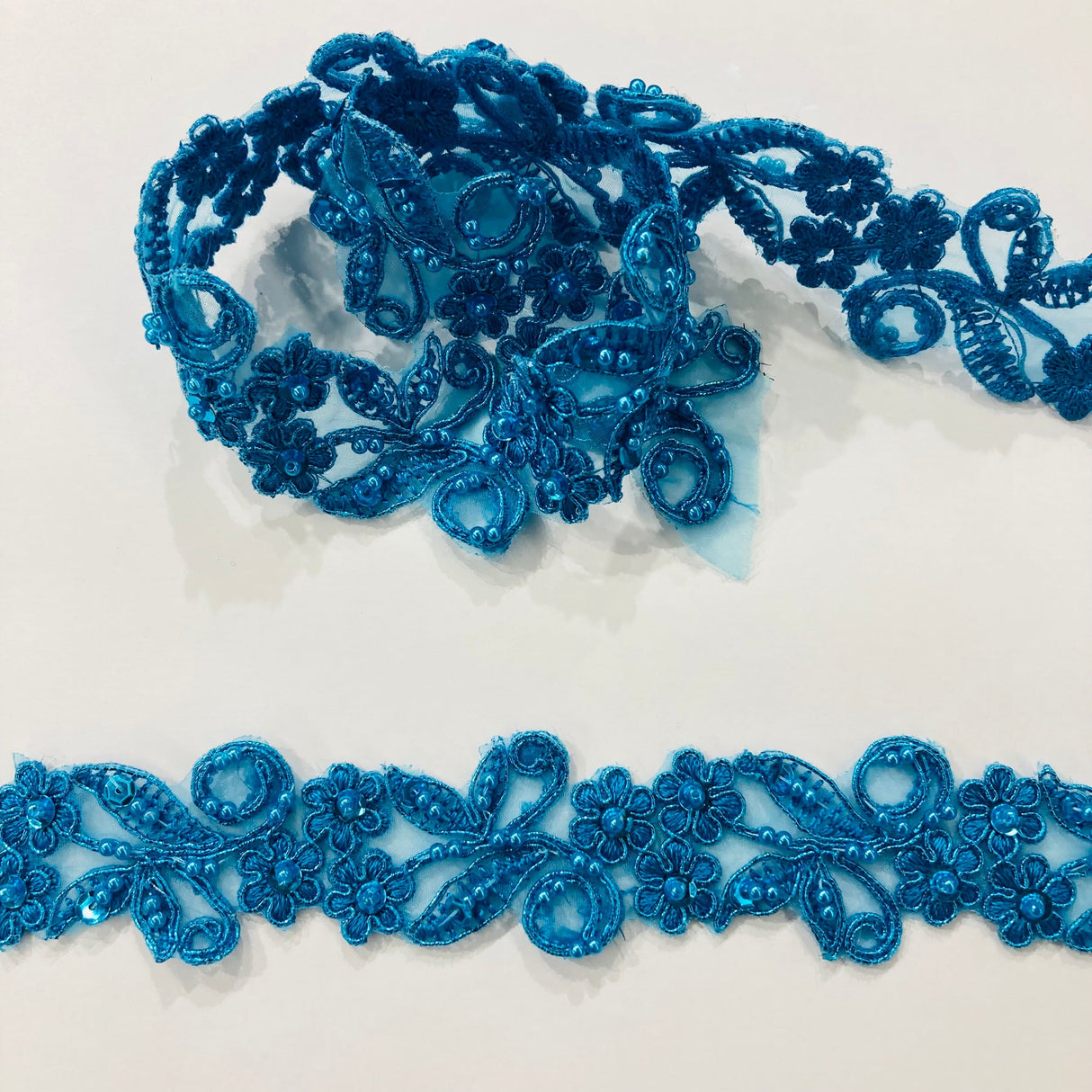 1 Yard Exquisite Beaded & Corded Lace Trimming Embroidered on 100% Polyester Organza for Bridal and Evening Dresses 1.5 Inch Width