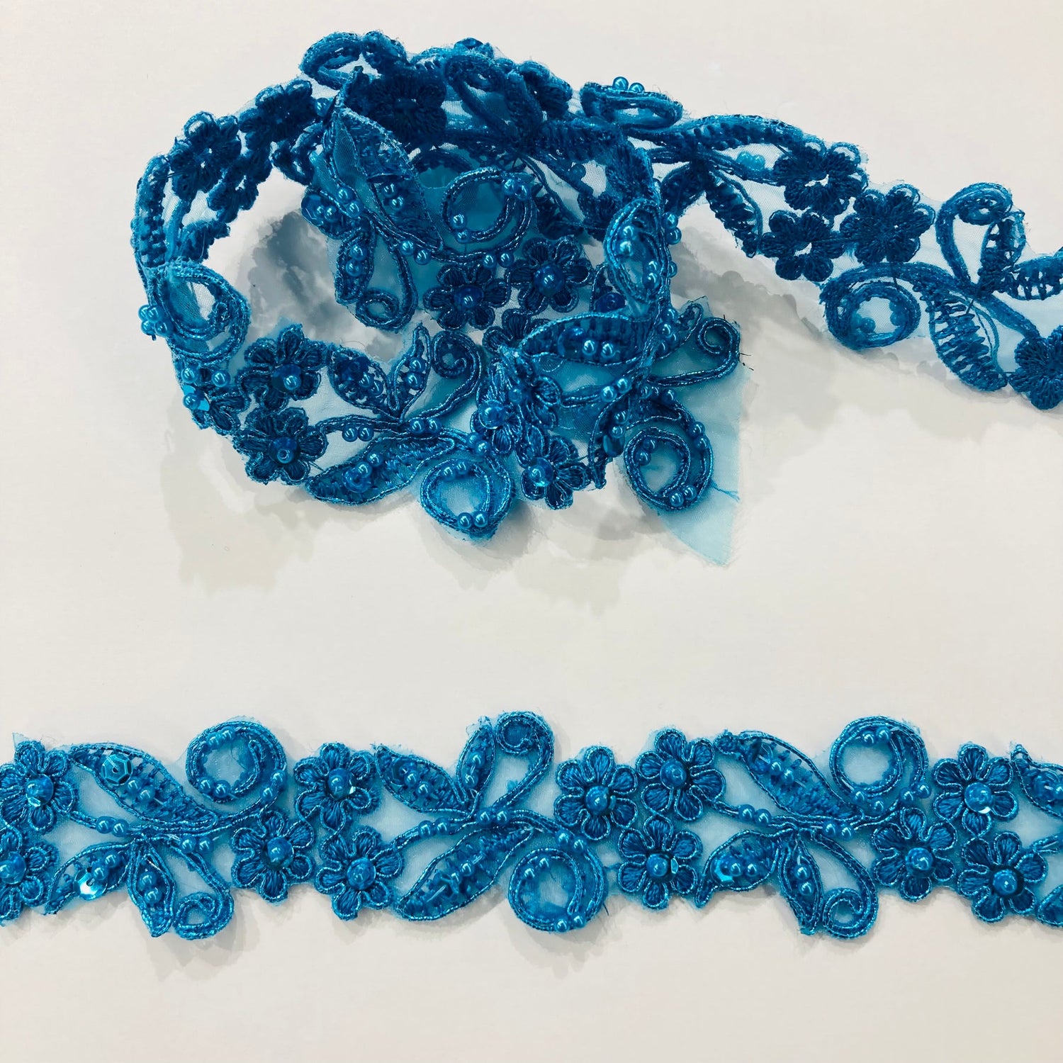 1 Yard Exquisite Beaded & Corded Lace Trimming Embroidered on 100% Polyester Organza for Bridal and Evening Dresses 1.5 Inch Width