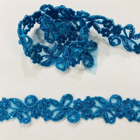 1 Yard Exquisite Beaded & Corded Lace Trimming Embroidered on 100% Polyester Organza for Bridal and Evening Dresses 1.5 Inch Width