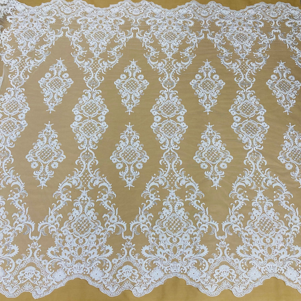 1 Yard Exquisite White Hand-Beaded Lace Fabric on Polyester Net Mesh 53 inch Width
