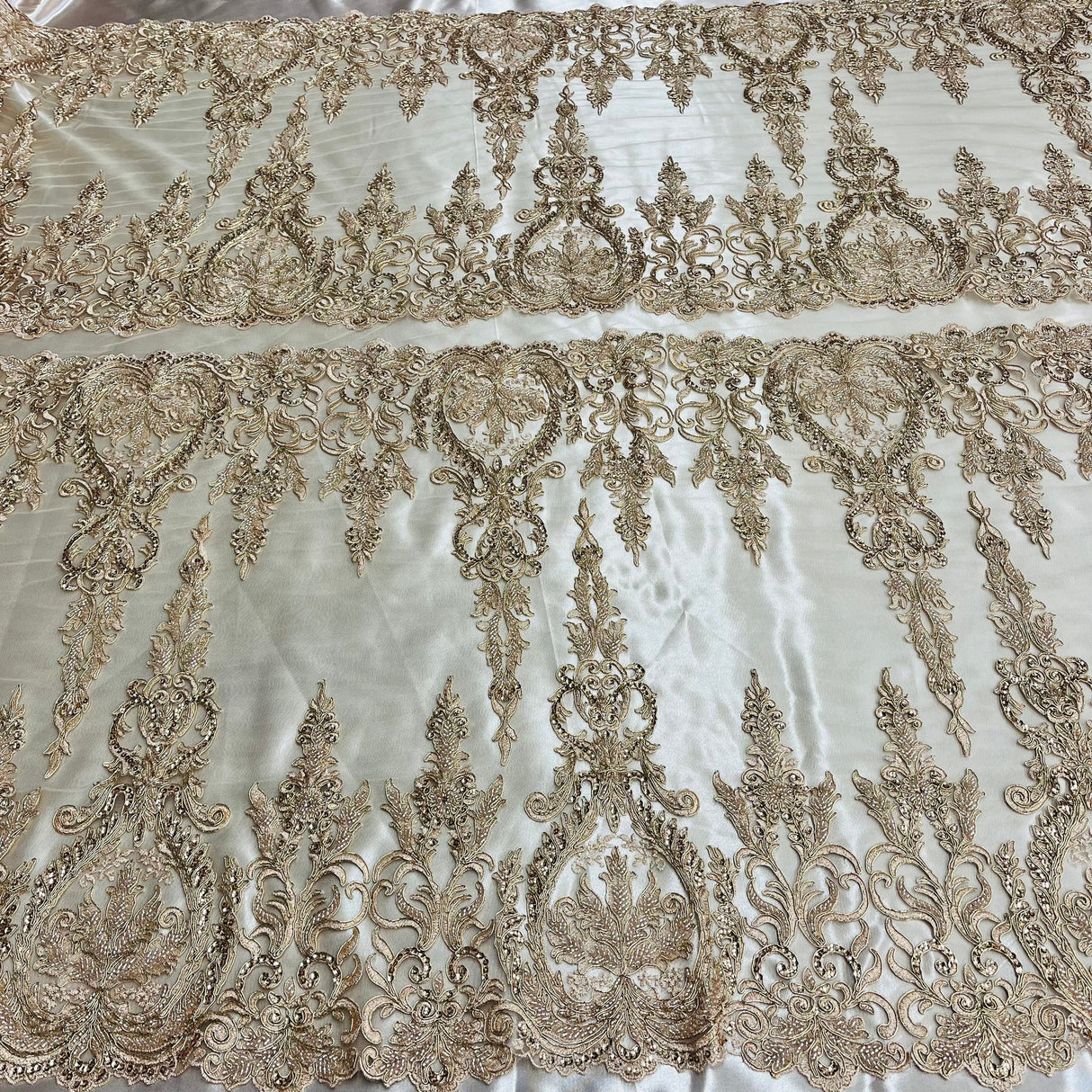 1 Yard Beaded & Corded Bridal Lace Fabric on Polyester Net Mesh, Embroidered Lace Fabric, 51" Width
