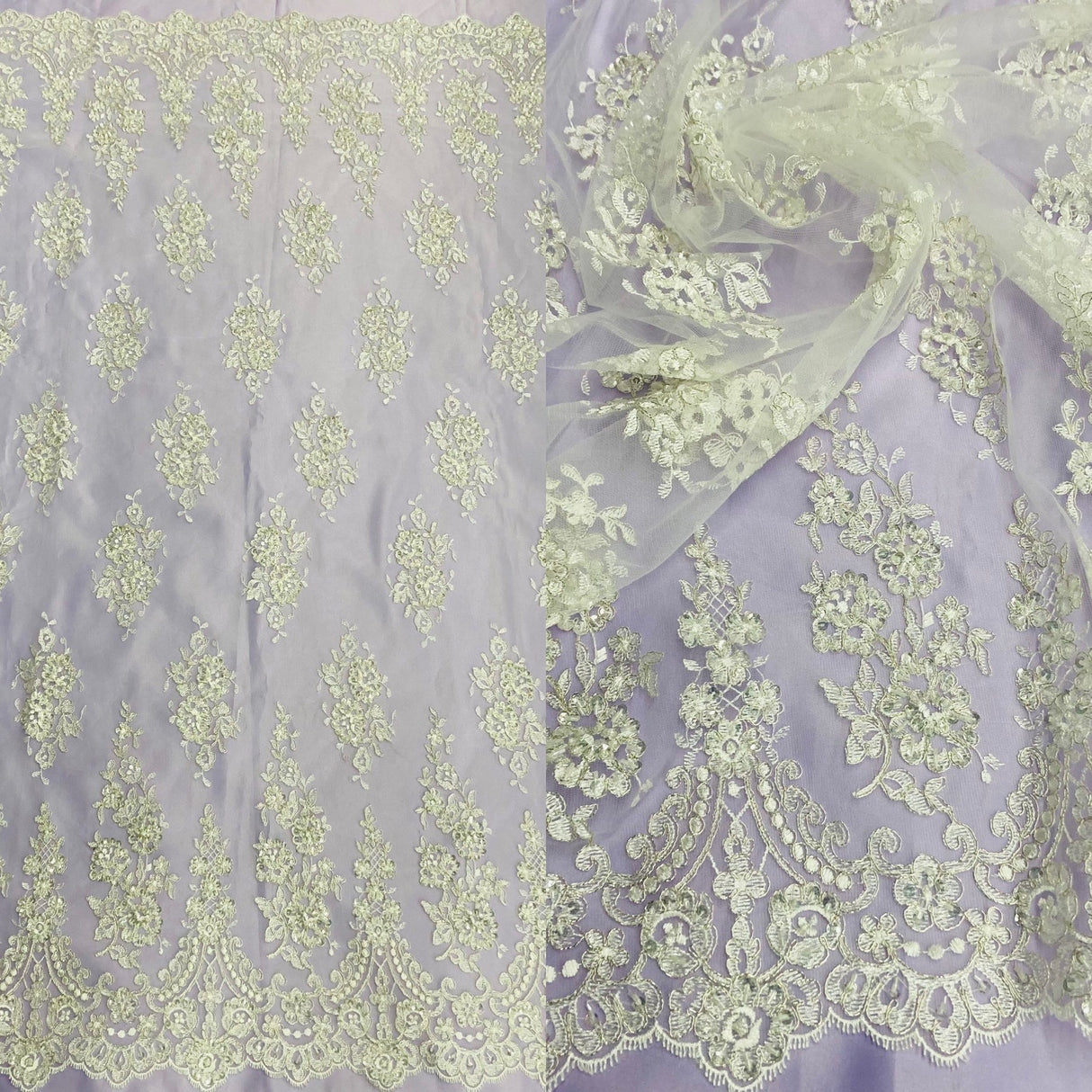 1 Yard White Beaded Corded Lace Fabric Embroidered on Polyester Net Mesh 52 inch Width