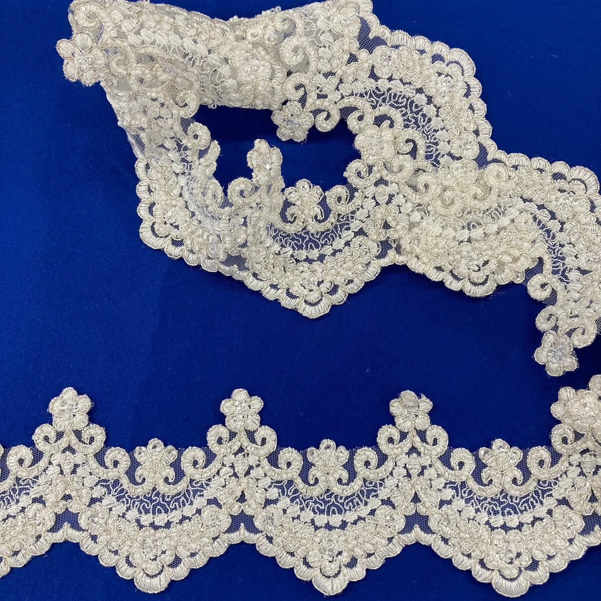 1 Yard Beaded & Corded Embroidered Lace Trim 3.5" Wide 100% Polyester Net Mesh for Wedding & Special Occasion